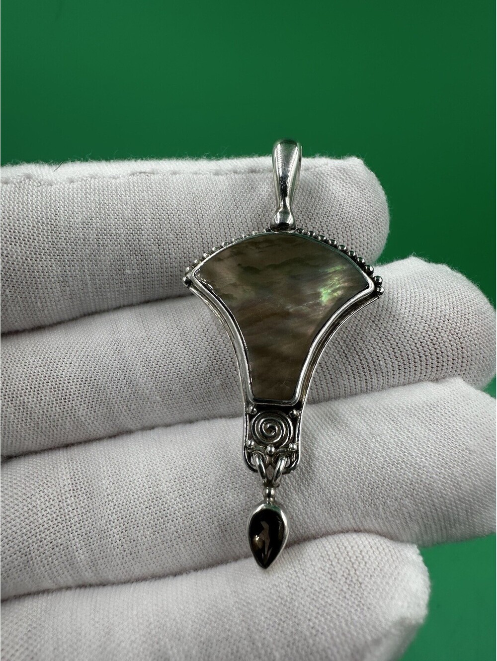 SAJEN 925 Sterling Vintage Abalone Shell Brown Quartz Gem Ornate Pendant